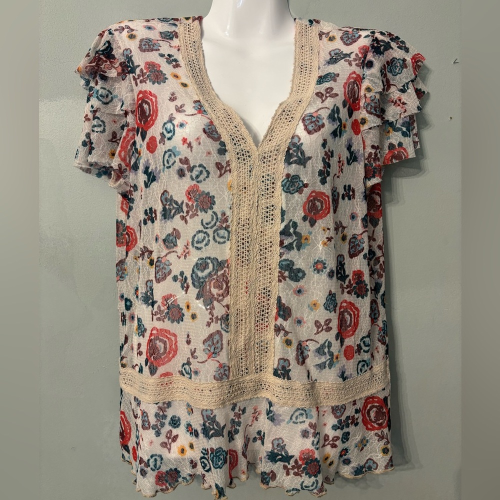 Democracy Brand Feminine Boho Chic Colorful Flowers Blouse Size M